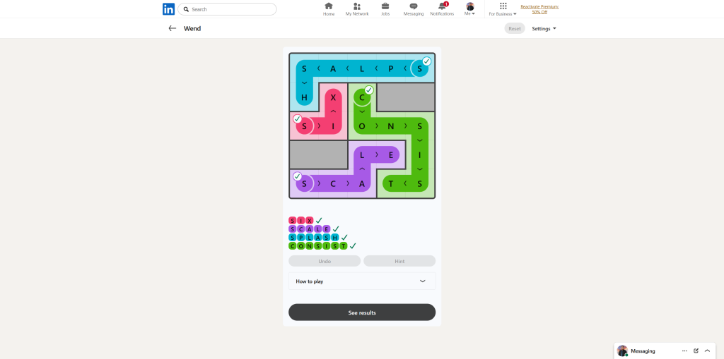 A screenshot of the daily LinkedIn Games puzzle.