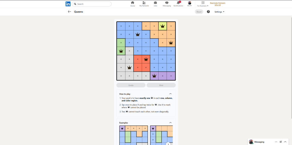 A screenshot of the daily LinkedIn Games puzzle.