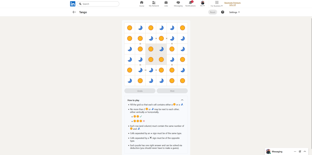 A screenshot of the daily LinkedIn Games puzzle.