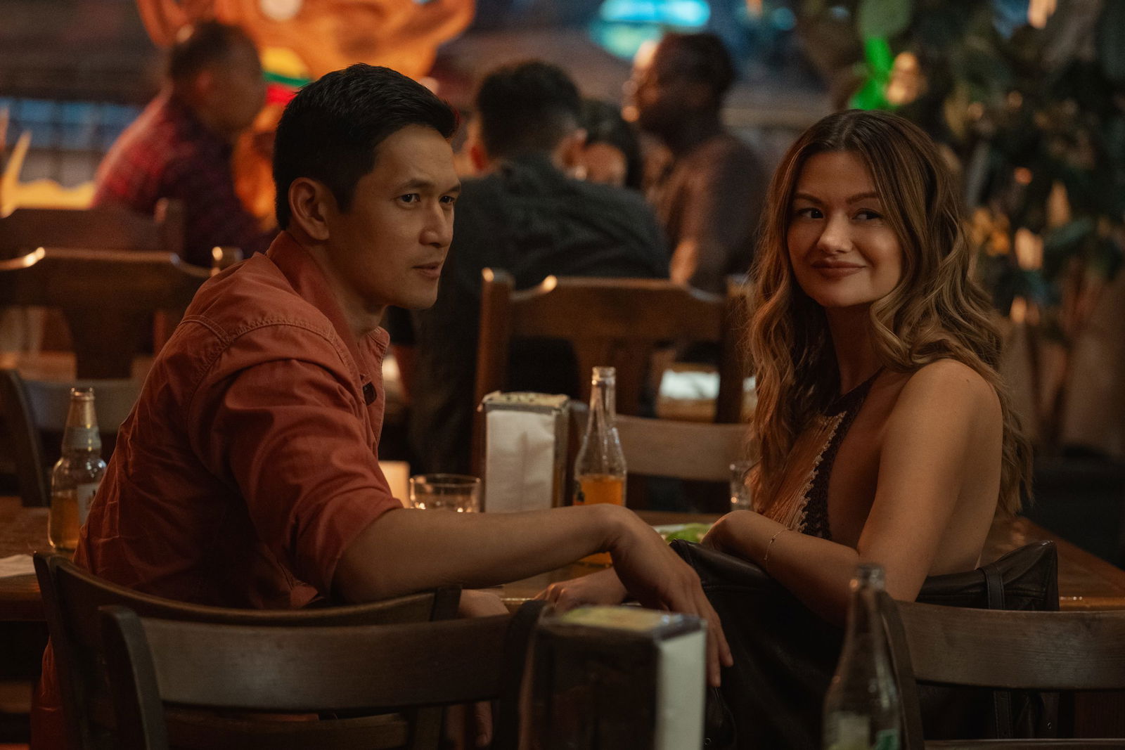 Harry Shum Jr and Leah McKendrick at dinner in Voicemails for Isabelle