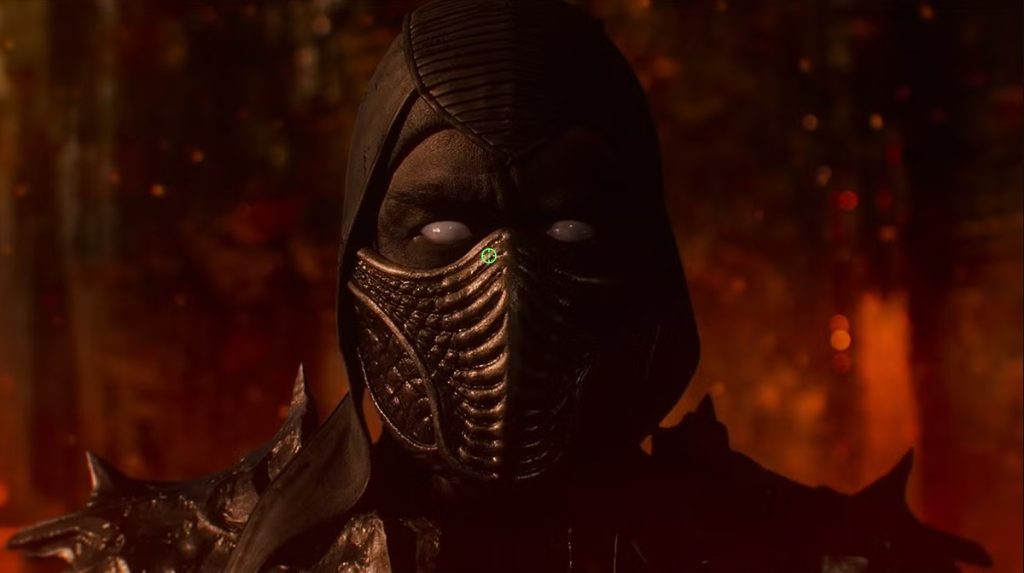 A masked warrior with glowing white eyes stands against a fiery orange-red background filled with embers and smoke. Dressed in dark armor with spiked shoulder pieces, the figure appears menacing and supernatural.