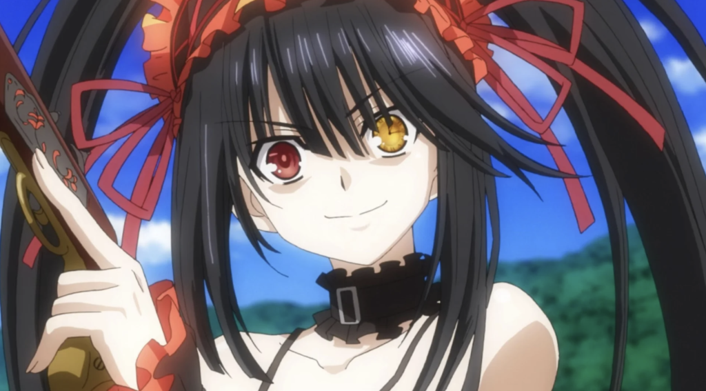 This is Kurumi Tokisaki from the anime series Date A Live and her character features distinctive gothic attire and a red right eye paired with a gold clock-faced left eye