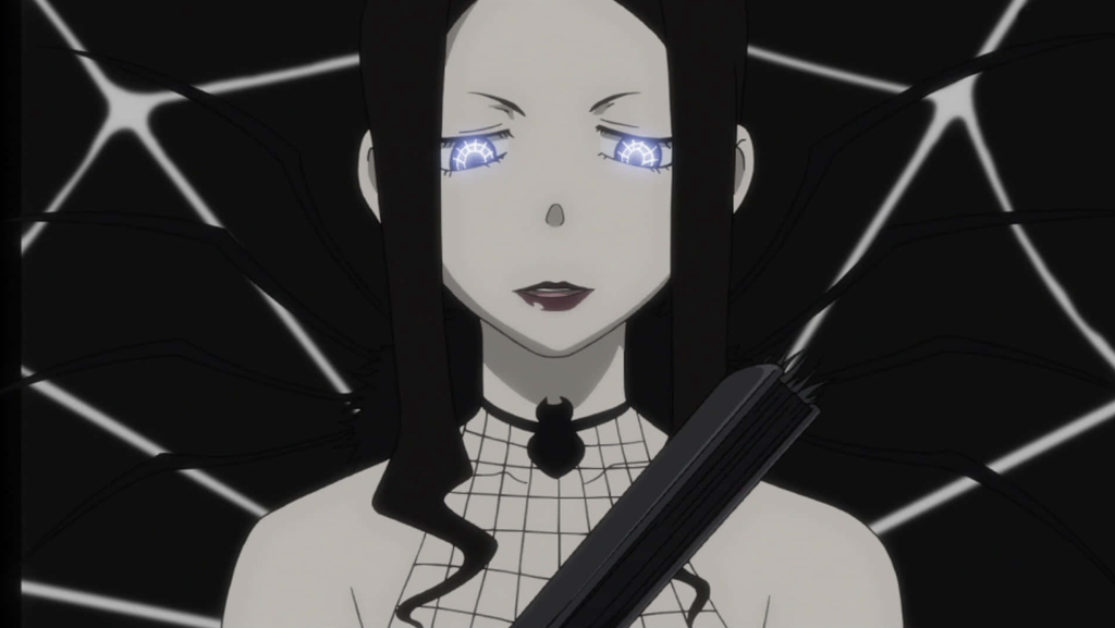 This image features the character Arachne Gorgon from the anime series Soul Eater