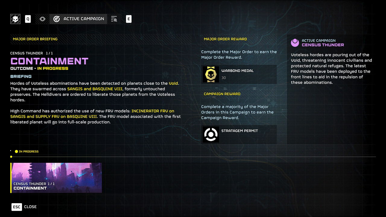 Helldivers 2 Control Center screenshot showcasing the "Active Campaign" section for the ongoing Galactic Campaign.
