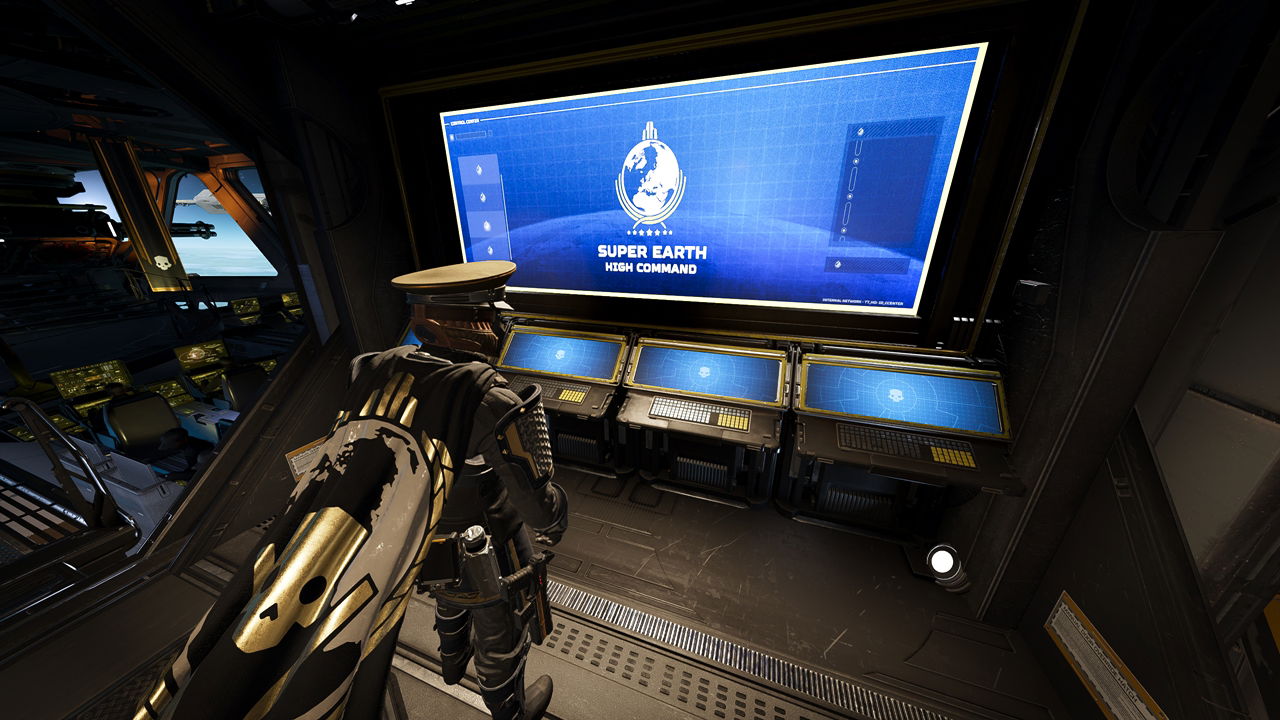 Helldivers 2 in-game screenshot shows the player standing before the new Control Center terminal in the Super Destroyer.