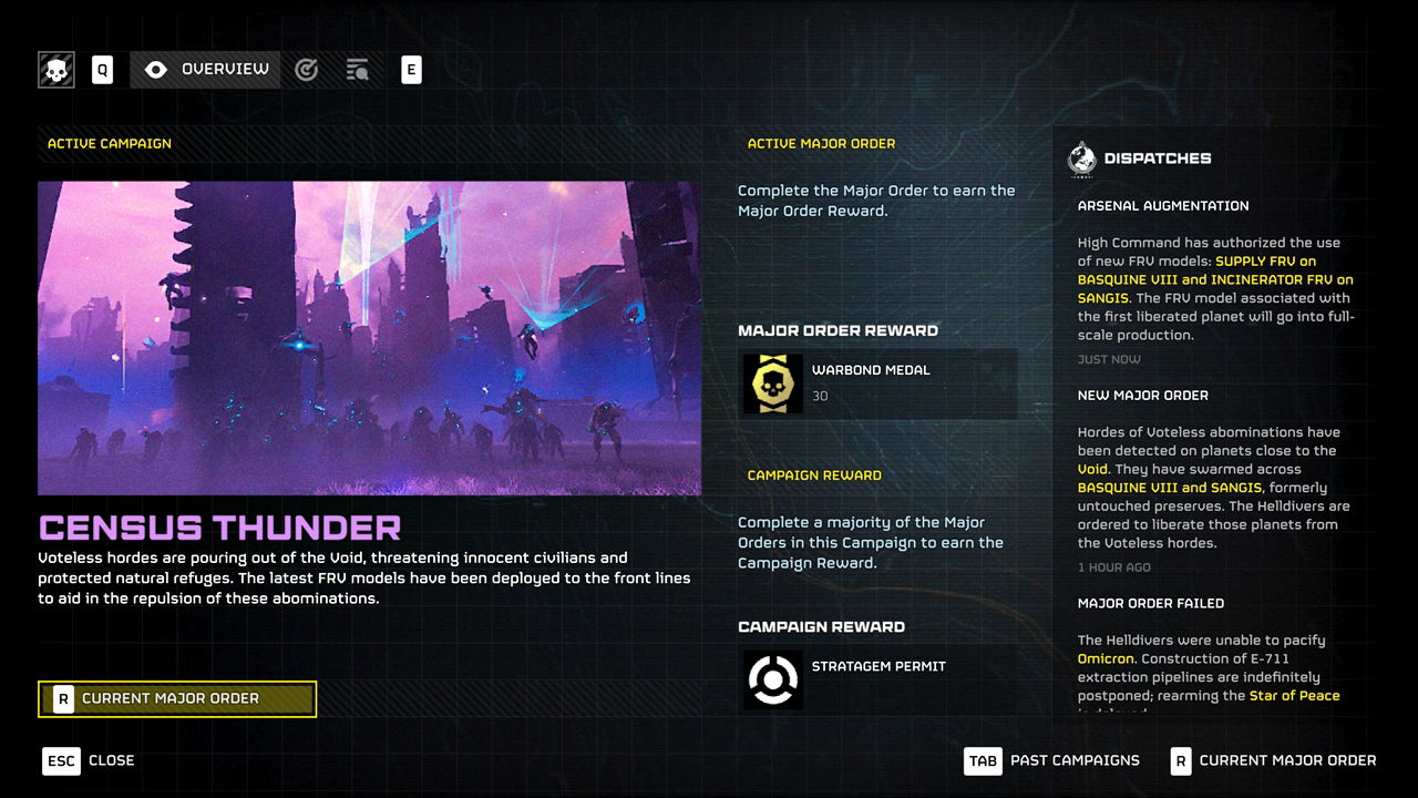 Helldivers 2 in-game screenshot showcasing the "Overview" section for the current Galactic Campaign on the Control Center terminal.
