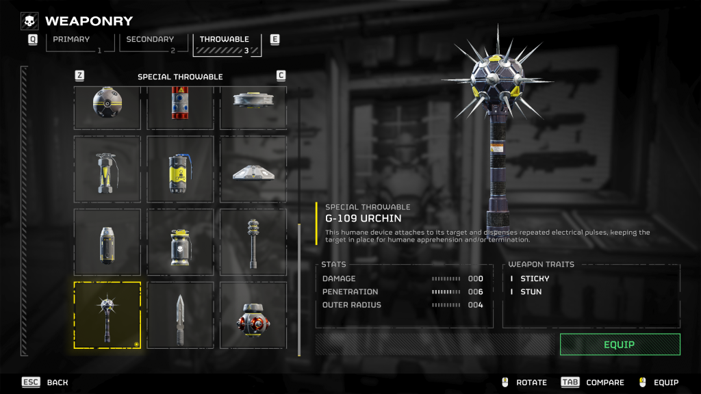 Helldivers 2 in-game screenshot showcasing the overview of the G-109 Urchin special throwable.