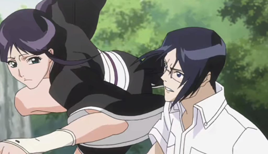 This scene is from Bleach, specifically episode 89, "Rematch?! Ishida vs. Nemu" and it depicts Nemu Kurotsuchi engaging in a surprise sparring match with Uryū Ishida. Nemu is seen delivering a spinning kick while Uryū defends himself