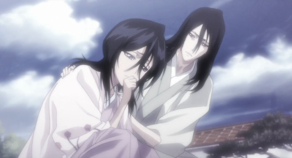 This scene features Byakuya Kuchiki holding his ailing wife, Hisana Kuchiki, in the anime series Bleach