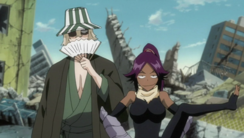 This image features Kisuke Urahara and Yoruichi Shihoin from the anime series Bleach and Kisuke Urahara is seen holding his signature white fan and wearing his traditional striped hat, while Yoruichi is shown in her purple-haired form, maintaining a relaxed posture despite the surrounding destruction