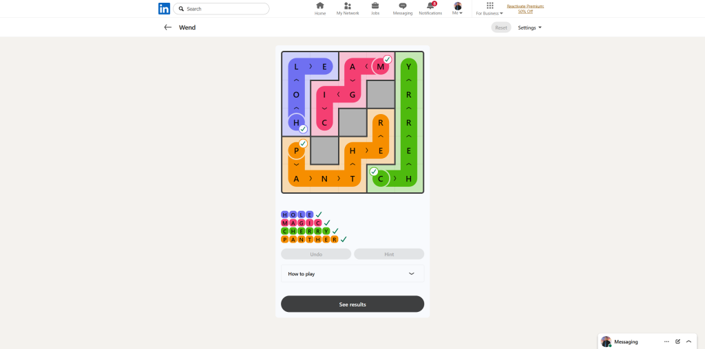 A screenshot of the daily LinkedIn Games puzzle.