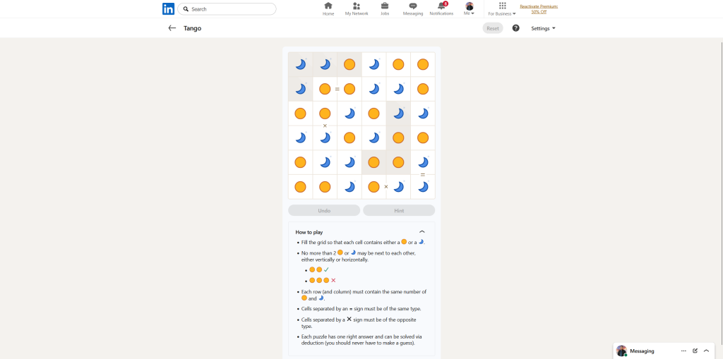 A screenshot of the daily LinkedIn Games puzzle.