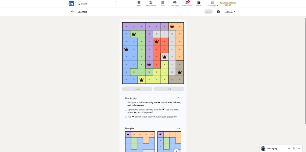 A screenshot of the daily LinkedIn Games puzzle.