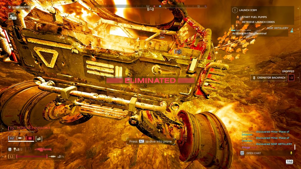 Helldivers 2 "Eliminated" screen featuring an exploded Incinerator FRV.