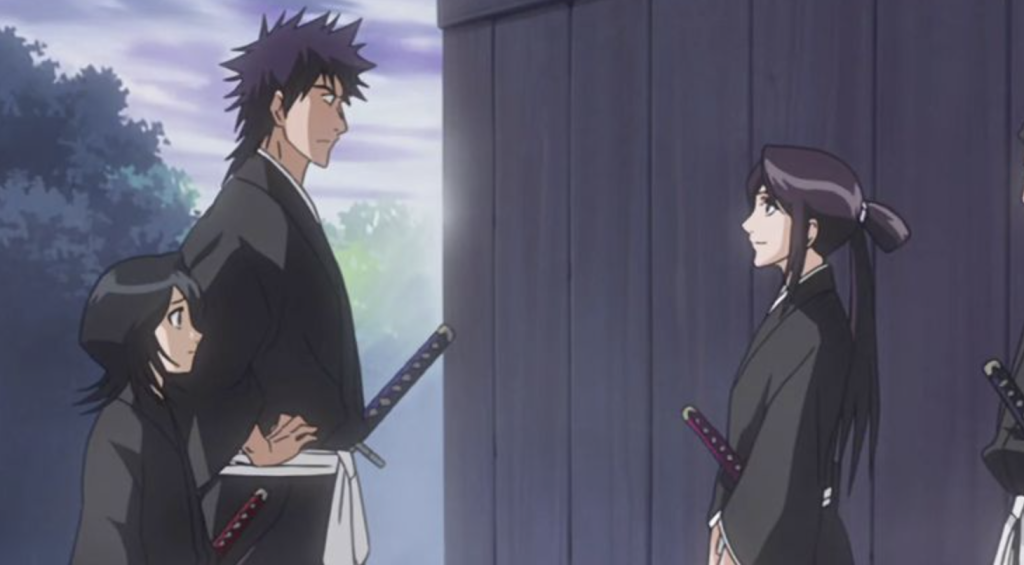 This scene is from the anime series Bleach.It features Rukia Kuchiki (left), Kaien Shiba (center), and Miyako Shiba (right)