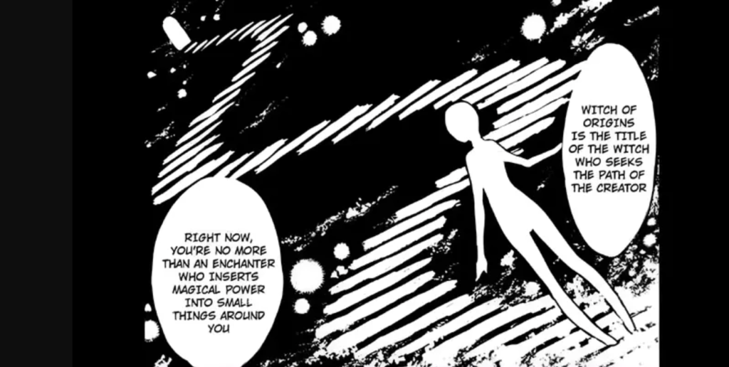 This image is from the sound novel/manga series Umineko When They Cry and the text describes the "Witch of Origins" as a title for those seeking the path of the "Creator"