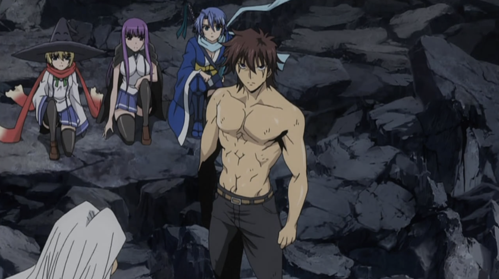 This image features characters from the anime series Demon King Daimao (Ichiban Ushiro no Dai Maō) and the muscular male character in the foreground is the protagonist, Akuto Sai.