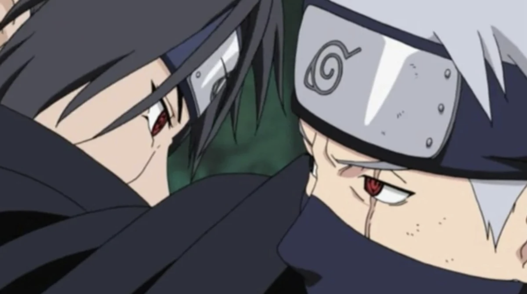 This scene depicts a intense confrontation between characters Itachi Uchiha and Kakashi Hatake from the anime series Naruto and the scene showcases Kakashi facing off against Itachi, a former ninja of Konoha village and member of the Akatsuki organization.