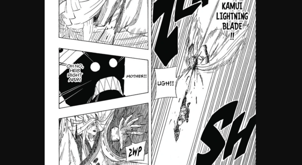 This scene is from Chapter 689 of the Naruto manga, where Kakashi Hatake uses a Kamui Lightning Blade to attack Kaguya Ōtsutsuki and the attack successfully severs Kaguya's right arm