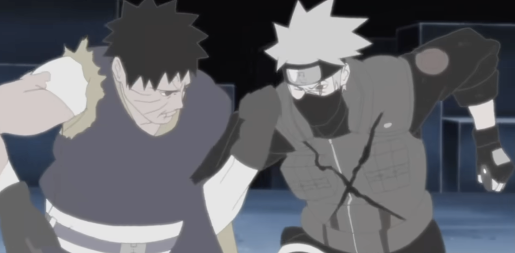 the image shows kakashi and obito fight each other in obito's kamui dimension in naruto