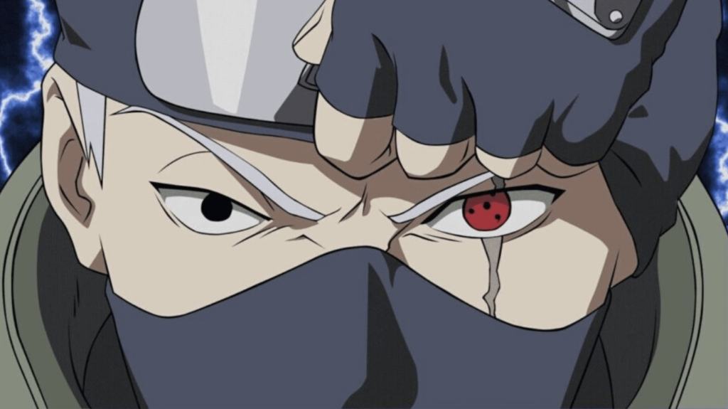 This image features Kakashi Hatake from the anime series Naruto, showcasing his distinctive Sharingan eye.