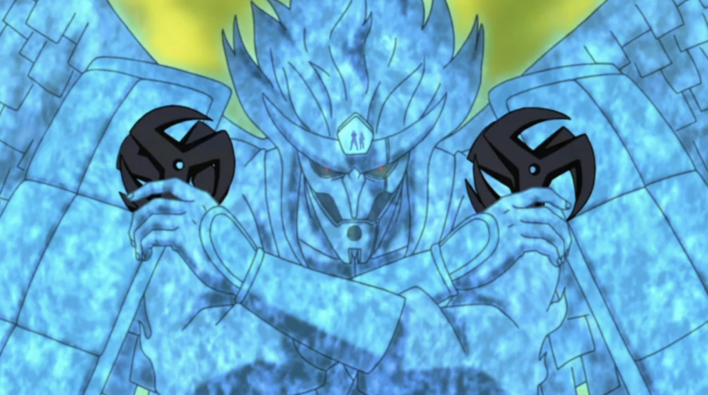 This image depicts Kakashi Hatake's Complete Body Susanoo from the anime series Naruto Shippuden and this form, achieved using Obito Uchiha's Mangekyo Sharingan in both eyes, allowed Kakashi to warp objects through space-time
