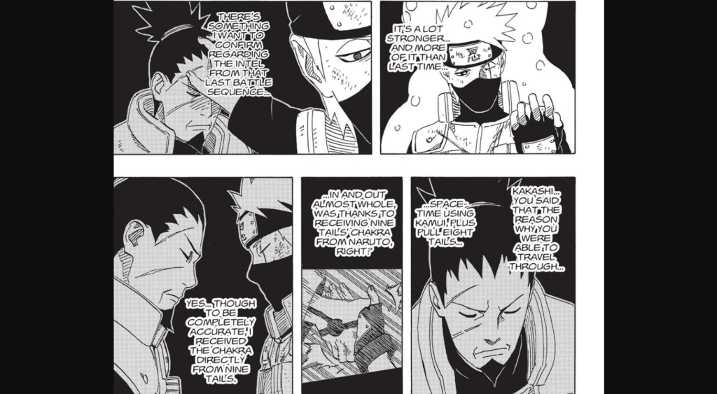This image is from the Naruto manga, specifically showing a conversation between Kakashi Hatake and Shikamaru Nara and the discussion centers on how Kakashi was able to use Kamui to transport the Eight-Tails (Gyūki) by utilizing a chakra boost directly from the Nine-Tails (Kurama)