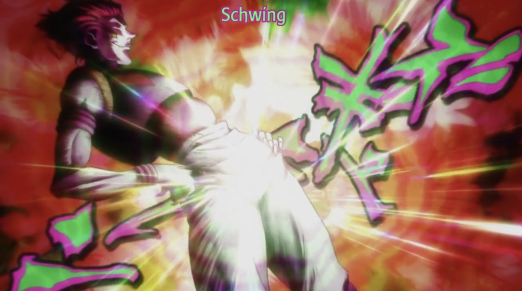 This image features the character Hisoka Morow from the anime series Hunter × Hunter and the scene depicted is a widely recognized moment from episode 35 of the 2011 adaptation, often referred to by fans as the "Schwing" scene