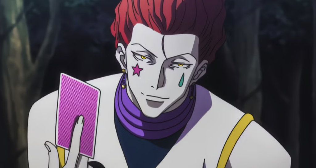 This image features the popular antagonist Hisoka Morow from the anime series Hunter x Hunter.