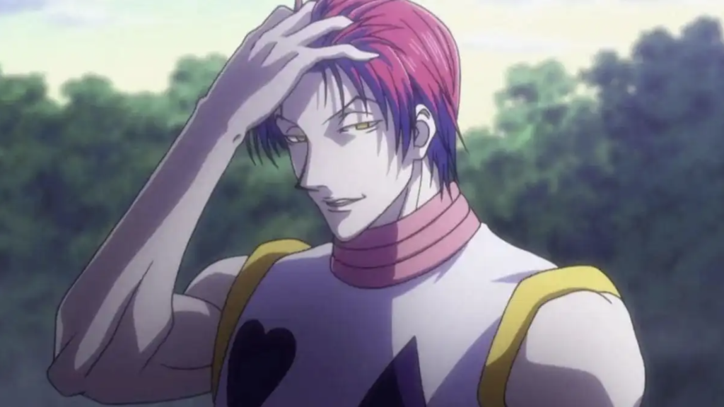 This image features the character Hisoka Morow from the anime series Hunter × Hunter.