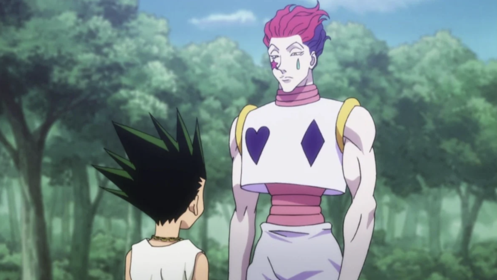 This image shows the characters Gon Freecss and Hisoka Morow from the popular anime and manga series Hunter × Hunter.