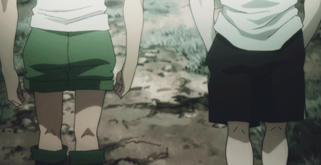 This image is from the anime series Hunter × Hunter and the scene depicts the characters Gon Freecss and Killua Zoldyck walking ahead as Hisoka walks behind them, checking their backs
