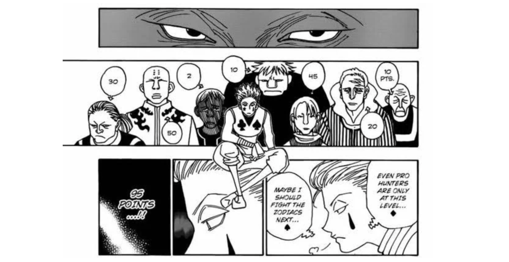This image from Hunter × Hunter shows Hisoka evaluating the strength of potential opponents, assigning them numerical scores and Hisoka considers anyone with a score of around 95 to be a worthy challenge