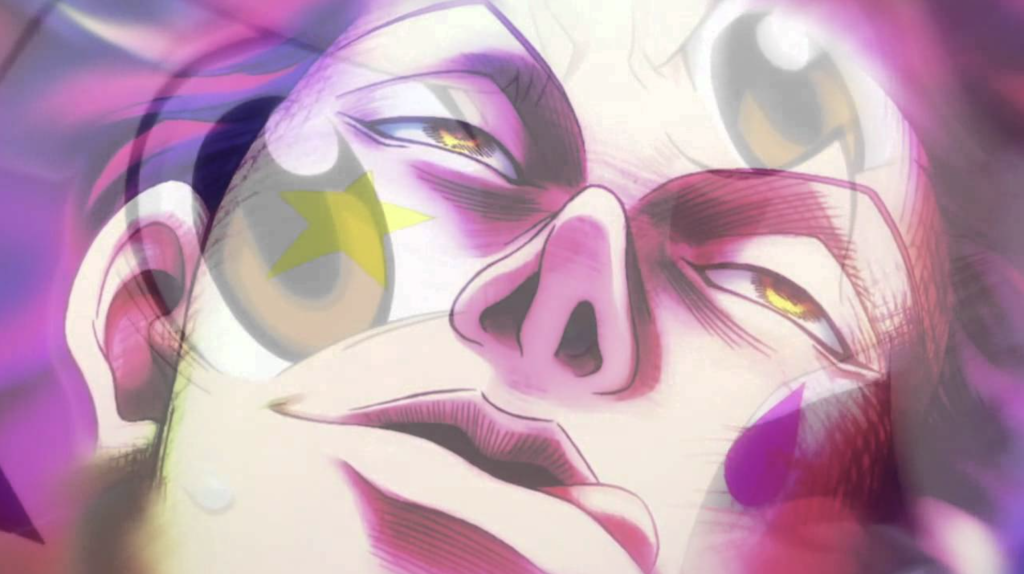 This image features the character Hisoka Morow from the anime series Hunter x Hunter and the scene depicted is from the Heavens Arena arc, during his fight with the character Gon Freecss. It is a widely known scene often referred to by fans as a "gongasm" moment.