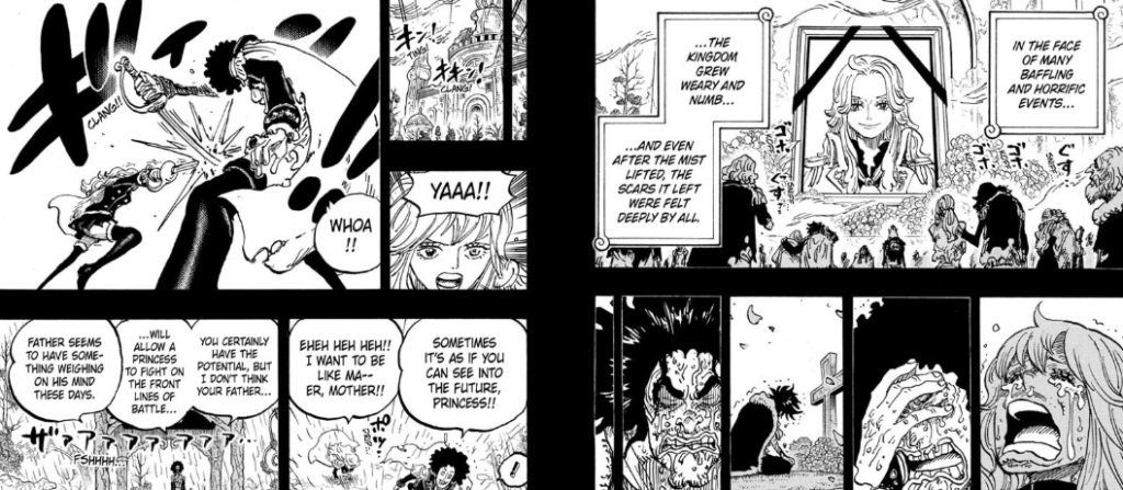 One Piece Chapter 1185, which features a flashback to Brook's past in a kingdom.
