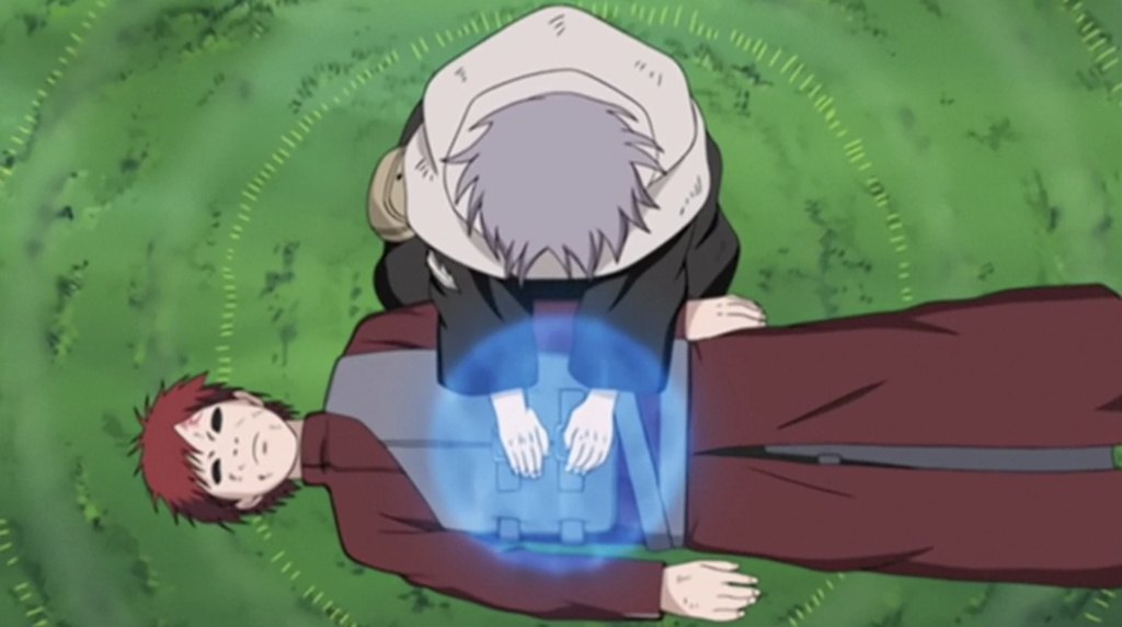 This scene shows Granny Chiyo using the One's Own Life Reincarnation jutsu to revive Gaara and the technique transfers the user's life force to the target, which ultimately sacrifices the user's life