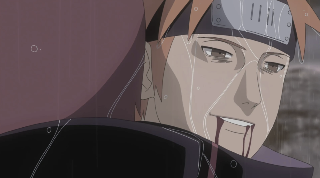 This scene shows the tragic death of Yahiko from Naruto Shippuden and he sacrifices himself by running into a kunai held by his friend, Nagato, to save Konan. Following his death, Nagato uses Yahiko's body as the Deva Path for his Six Paths of Pain