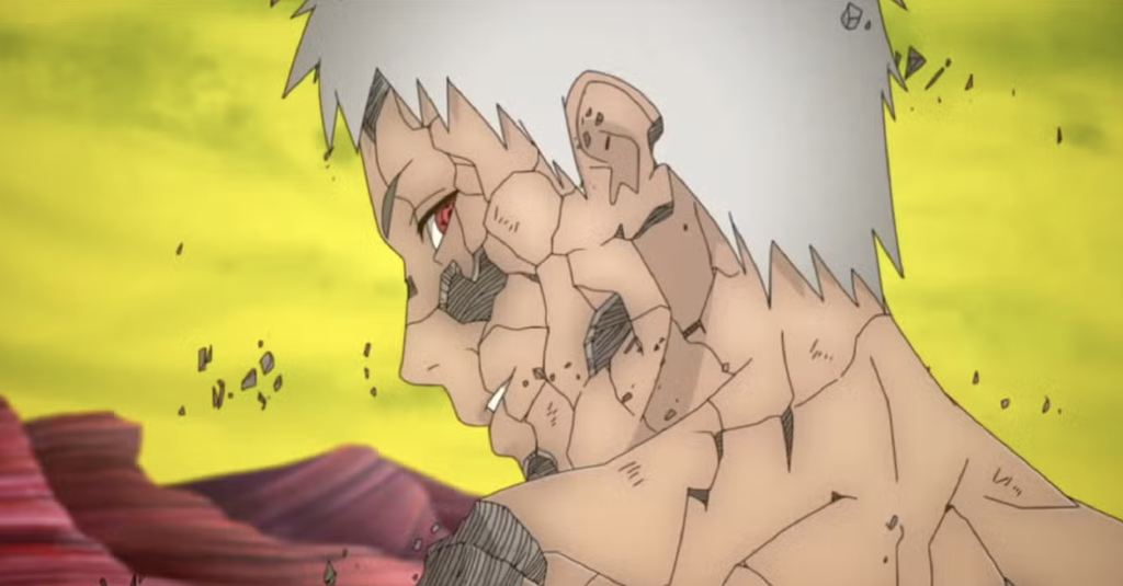 Obito's body is shown crumbling away after being struck by Kaguya Ōtsutsuki's bone ash jutsu in Naruto Shippuden