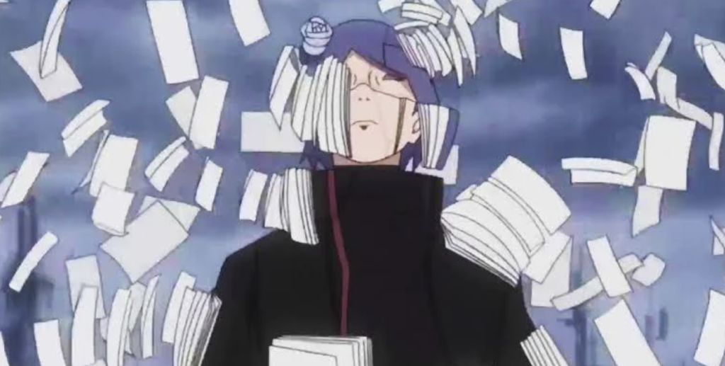 This image features Konan, a powerful kunoichi and member of the Akatsuki from the Naruto series and she is known for her unique ninjutsu ability to manipulate paper, allowing her to turn her body into paper, create wings, and form weapons like shuriken