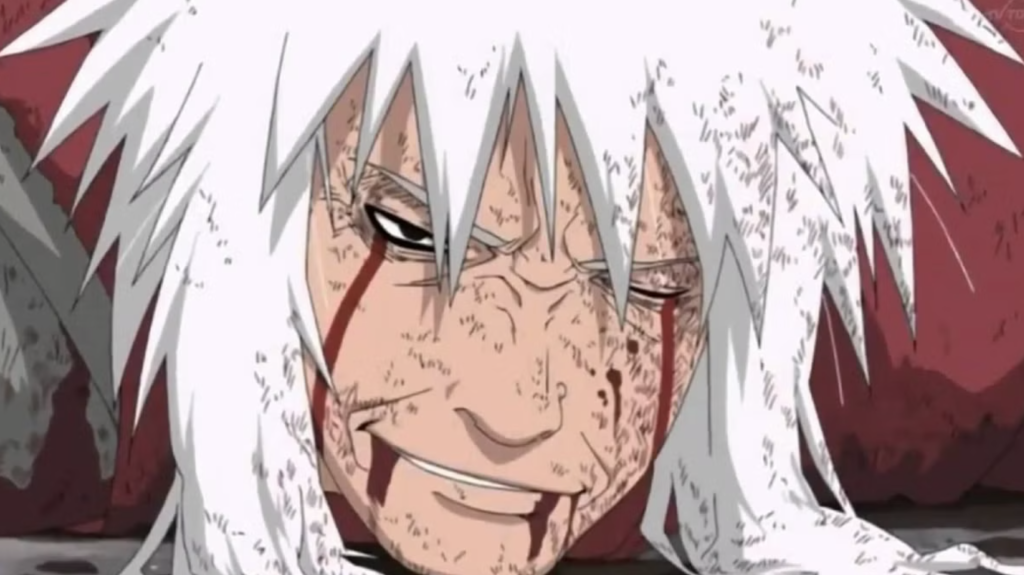 In this scene, Jiraiya is shown dying after his fight against Pain in the Hidden Rain Village in naruto