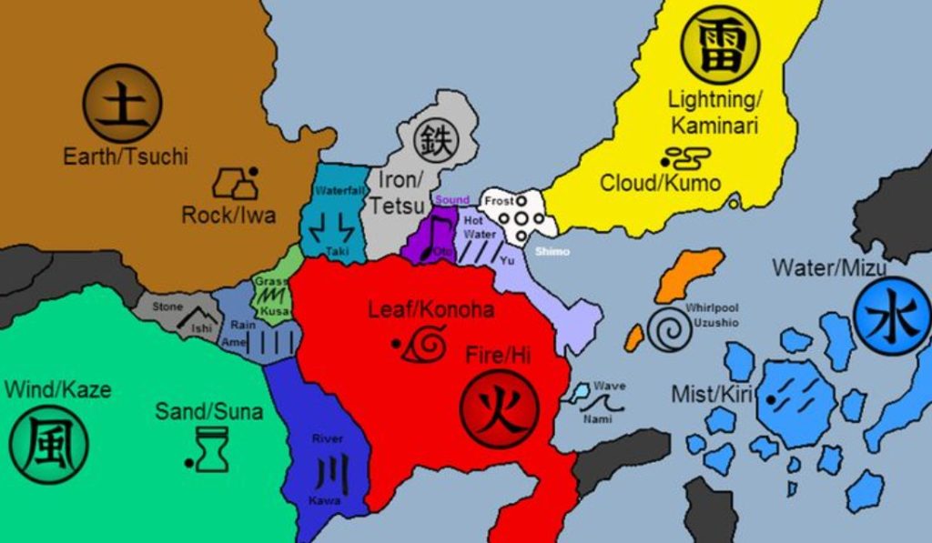 A map of the Elemental Nations from the Naruto series, highlighting the five great shinobi countries and their hidden villages.