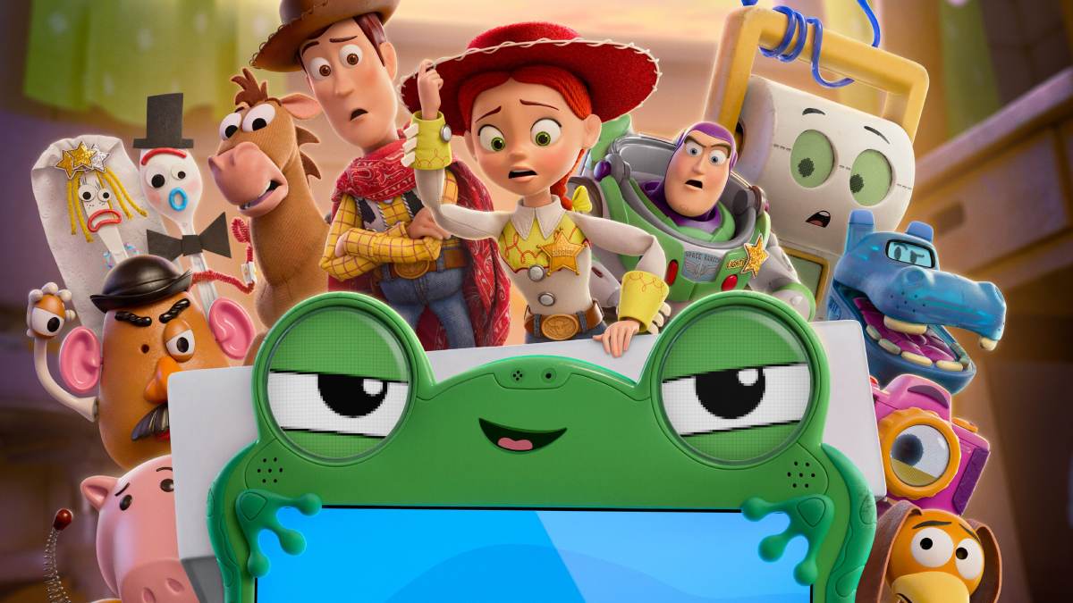 Jessie, Woody, Buzz Lightyear, Forky, Rex, Hamm, Mr. Potato Head and other toys react nervously to a frog-shaped tablet in Toy Story 5.