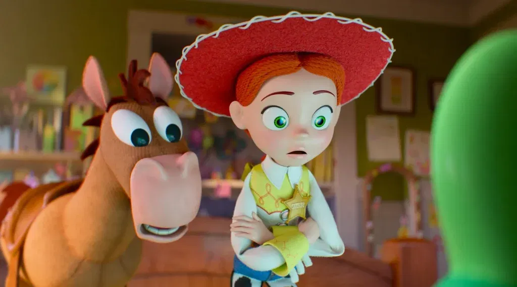 Jessie and Bullseye stare in surprise at an unseen character inside Bonnie's bedroom, with Jessie crossing her arms as she reacts to an unexpected development in Toy Story 5.