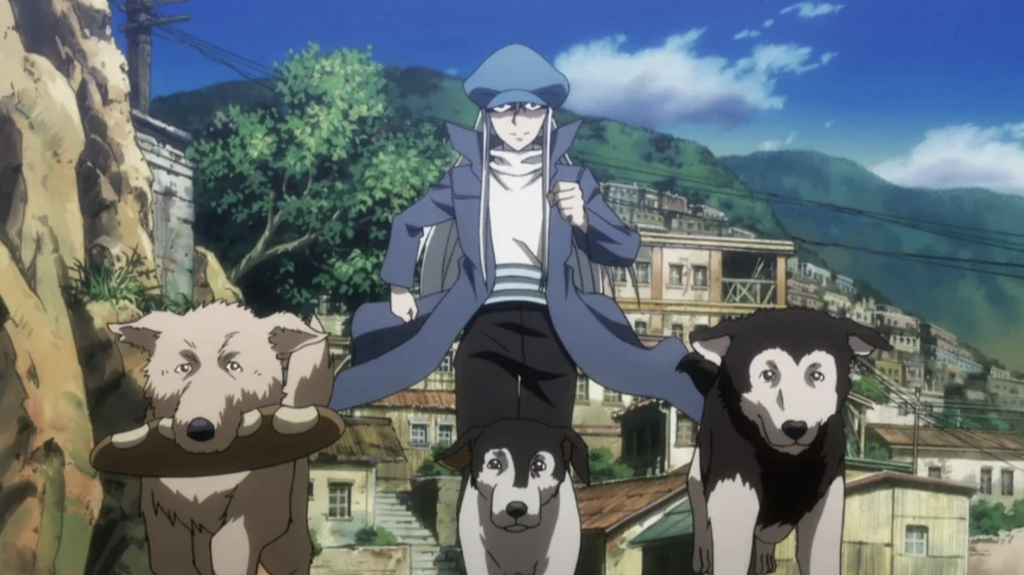 This image features the character Kite from the anime Hunter x Hunter and Kite is shown accompanied by three dogs, which he used to assist him in stealing food during his past as a thief