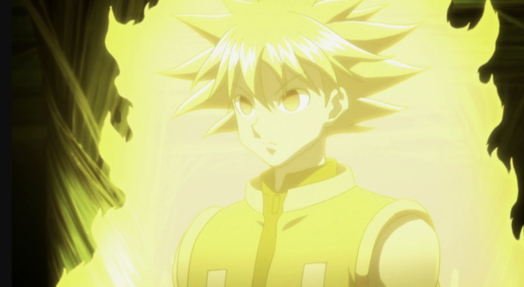 This character is Shalnark from the anime series Hunter × Hunter and he is shown here in his "Autopilot" mode, a powerful technique that boosts his speed and strength