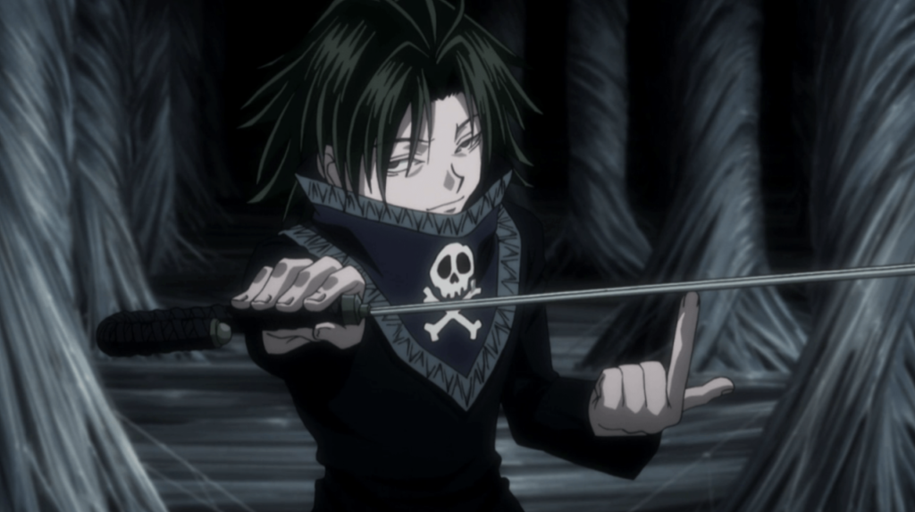 This image features the character Feitan Portor from the anime series Hunter x Hunter and he is depicted in his signature black outfit with a skull-patterned collar, unsheathing a hidden sword