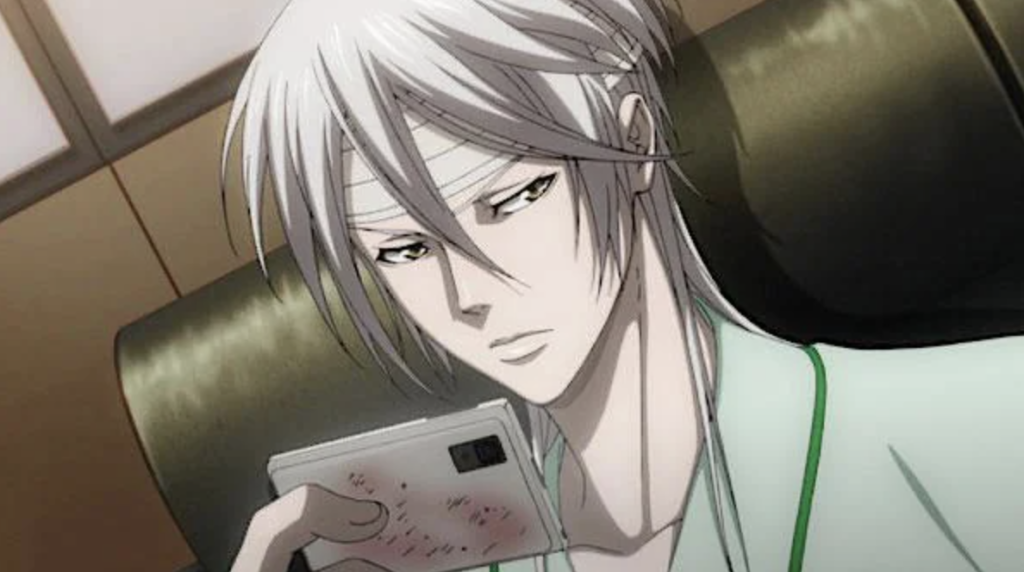 This image features the character Shogo Makishima from the anime series Psycho-Pass and in this episode, Makishima is shown recovering from injuries while reviewing data on a device