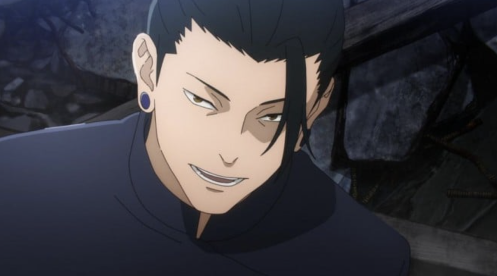 This character is Suguru Geto from the anime series Jujutsu Kaisen and he is shown here wearing his dark blue technical college uniform, featuring his signature dangling ear gauge