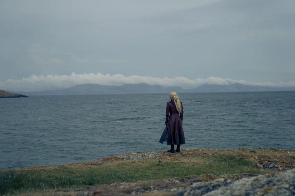 A lone silver-haired figure in a dark coat stands on a rocky coastline overlooking a vast gray-blue sea. Distant mountains and low clouds stretch across the horizon, creating a somber and reflective atmosphere.