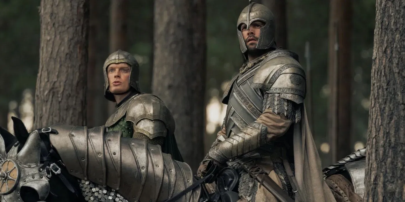 Two armored warriors sit astride horses in a dense forest, turning their heads toward an unseen disturbance. 